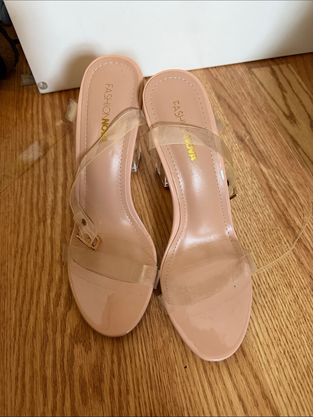 Fashion Nova Blush Clear Strap Mid-Heel Sandals